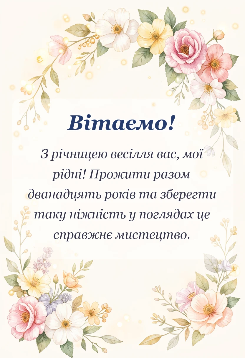 красива листівка: привітання з 12 роками весілля в прозі