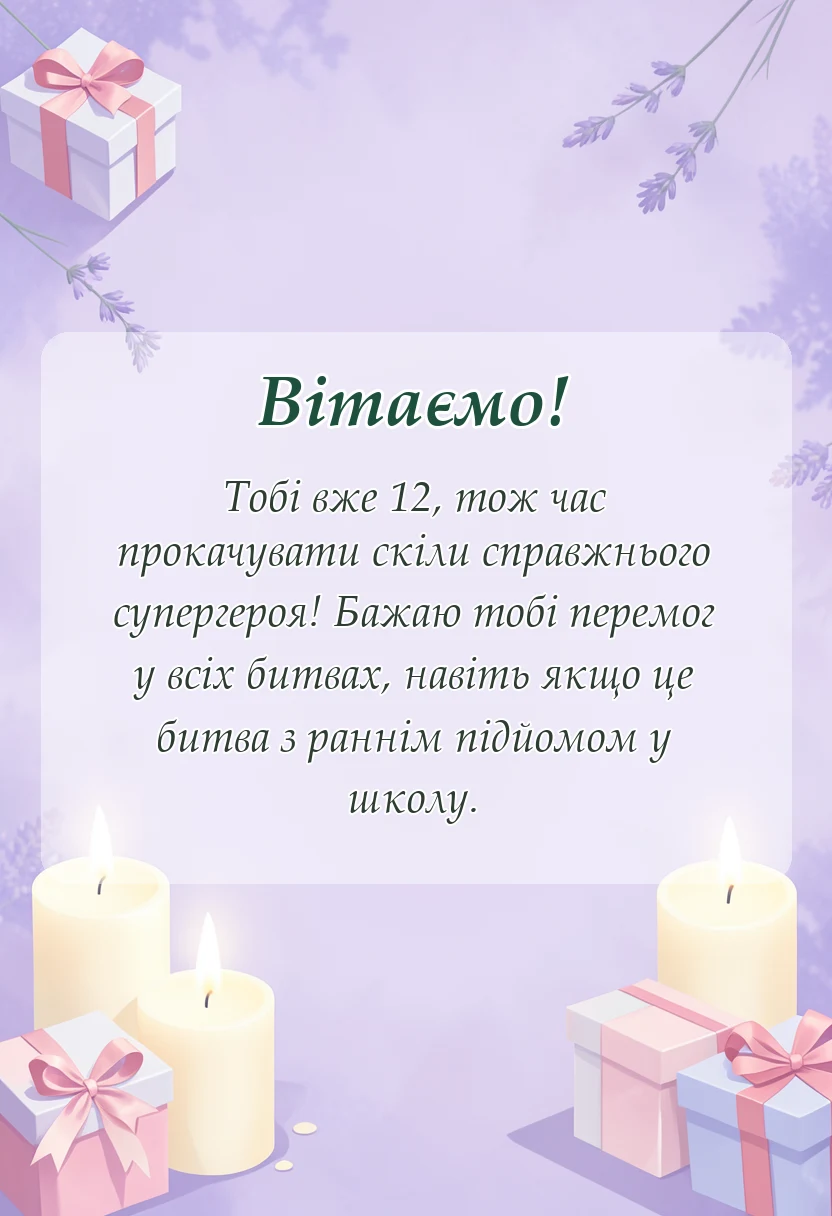 вітальна листівка - привітання з днем народження 12 років хлопчику