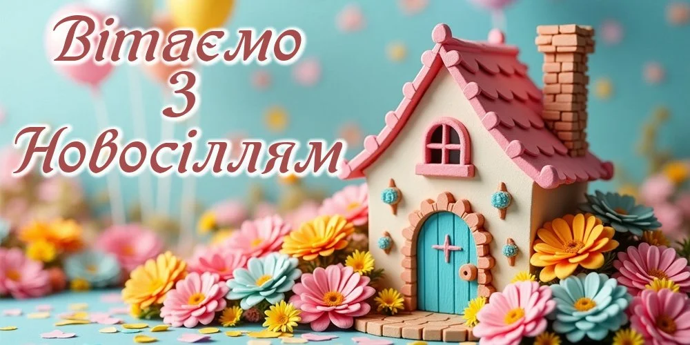 Кольоровий будиночок у квітах з привітанням новоселам українською.