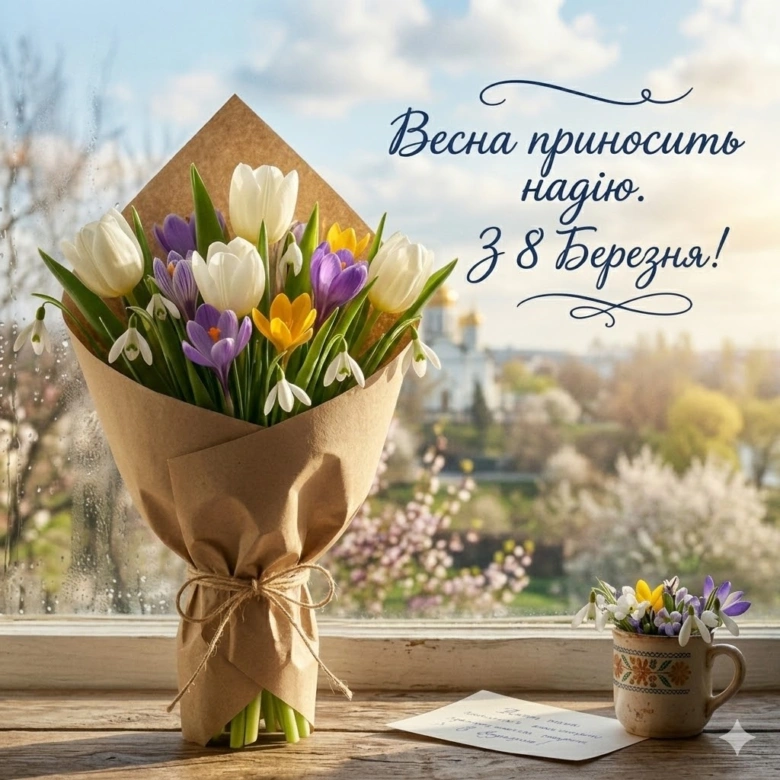 Квіти на підвіконні з привітанням на 8 березня.