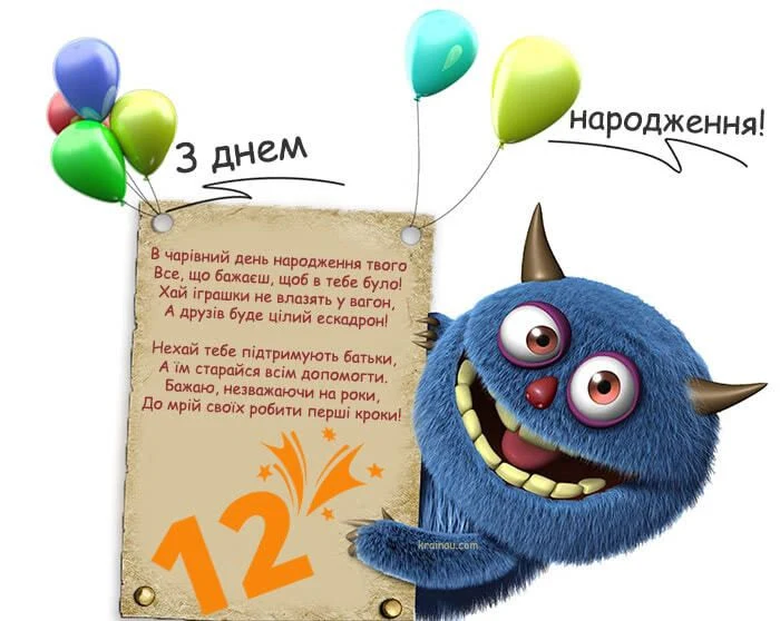 Синій монстр тримає картку з привітанням на день народження хлопчика.