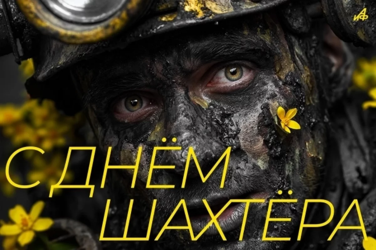 Шахтар у вугіллі з жовтими квітами та привітанням.