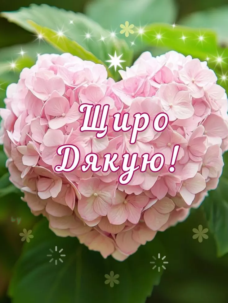 Розовий гідрангеа у формі серця з написом «Дякую щиро!» та блискучими ефектами на зеленому фоні.