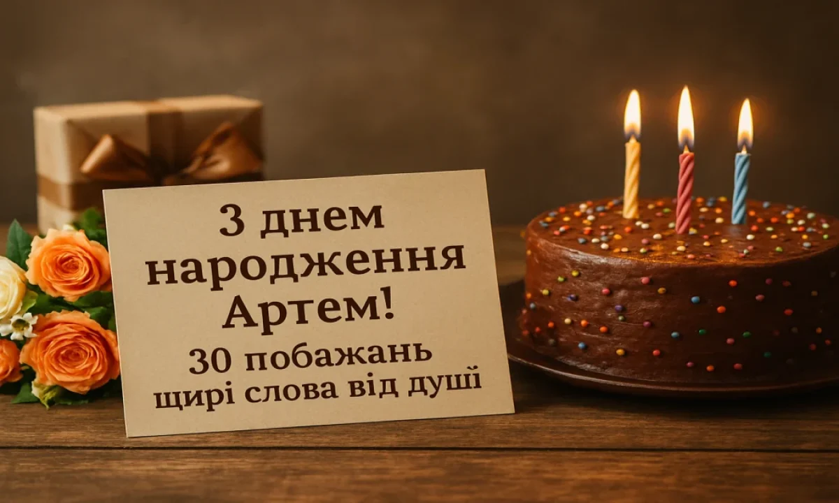 Привітання з днем народження Артему: торт із свічками та квітами.