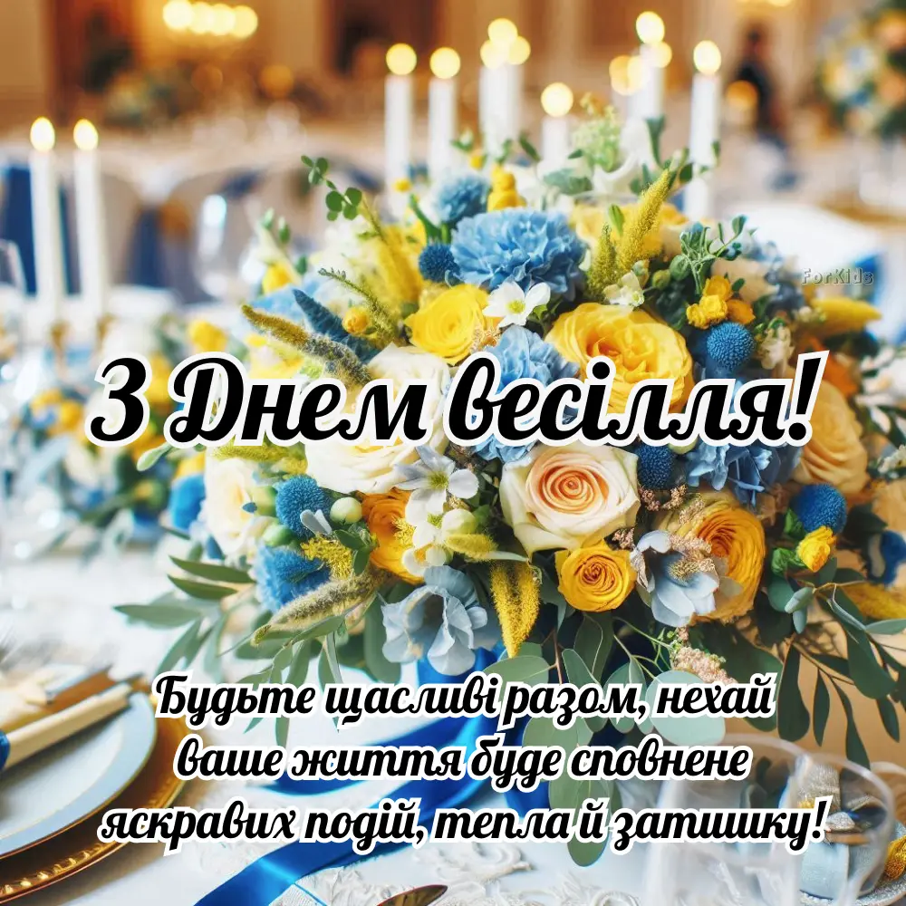 Квітковий букет на весільному столі з привітанням.