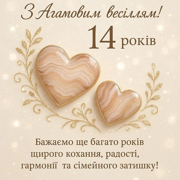 Агатове весілля: два серця з агату та золоті віночки.
