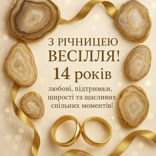 Привітання з агатовим весіллям: аґати та золоті кільця.