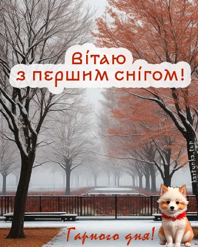 Перший сніг у парку з собакою та привітанням.