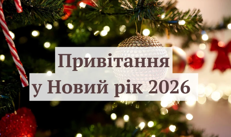 Новорічне привітання на фоні ялинки з гирляндами та прикрасами.