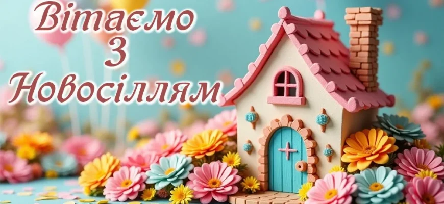Кольоровий будиночок серед квітів з привітанням новосілля.