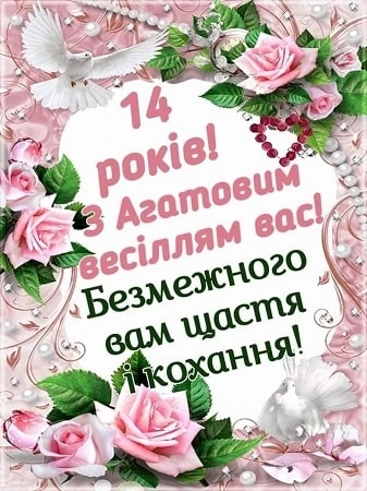 Картка з трояндами та голубами на агатове весілля