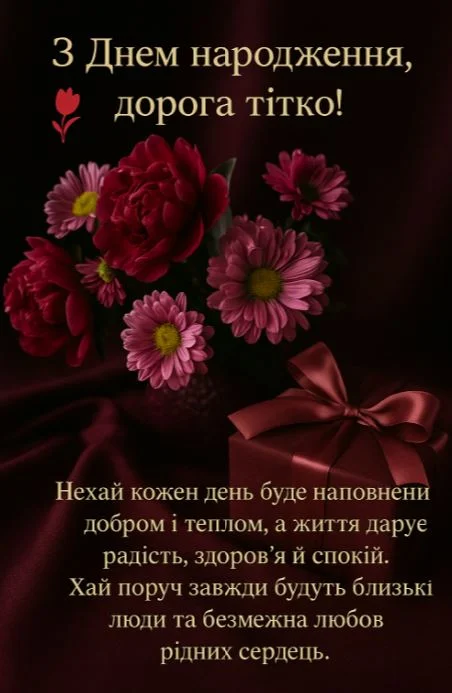 Квіти та подарунок з привітанням на день народження тітки.