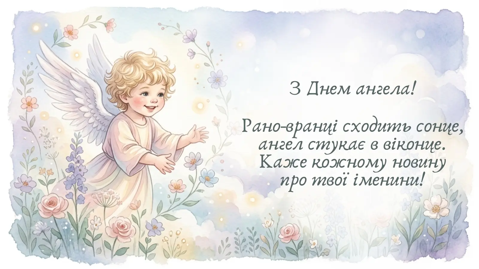 Ангел у квітах вітає з днем ангела.