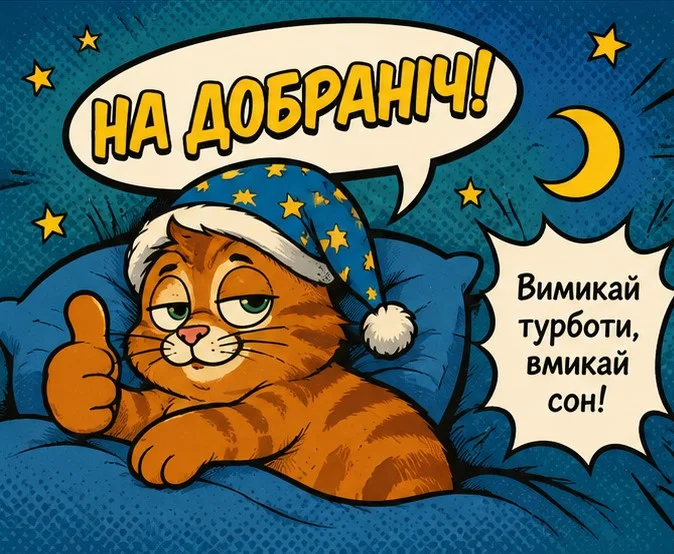 Кіт у шапці зірками каже «На добраніч!» під місяцем.