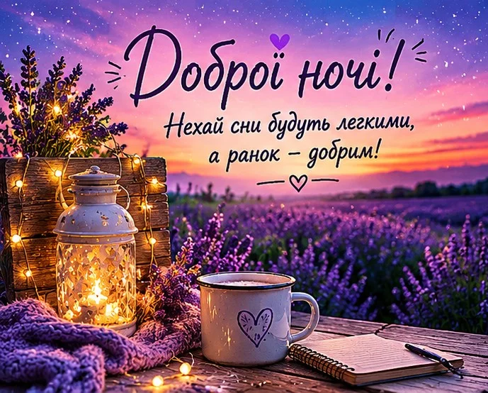 Добраніч у полів лаванди з свічкою та чашкою.